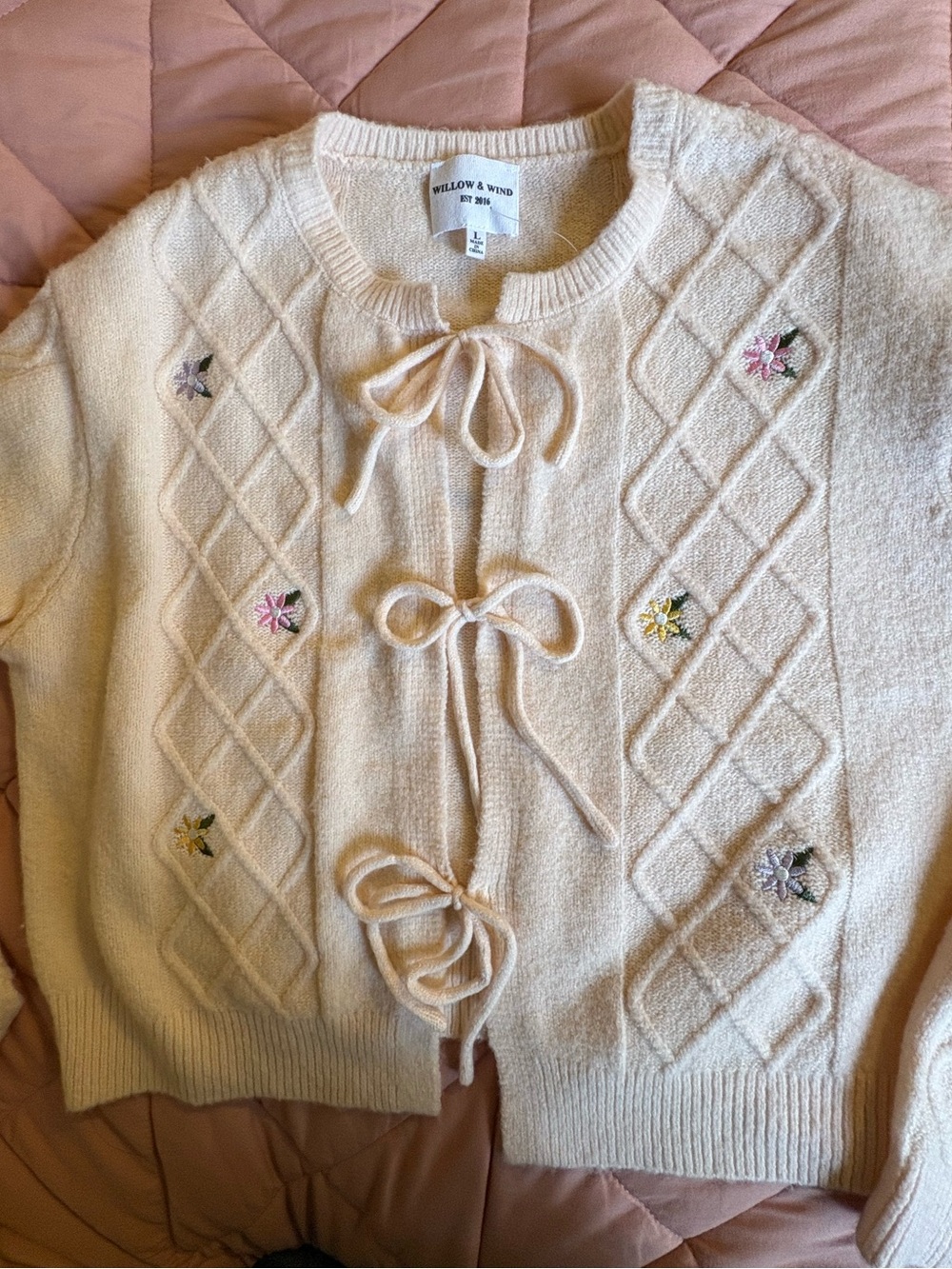 Willow & Wind Embroidered Tie-Front Sweater sz Large NWT